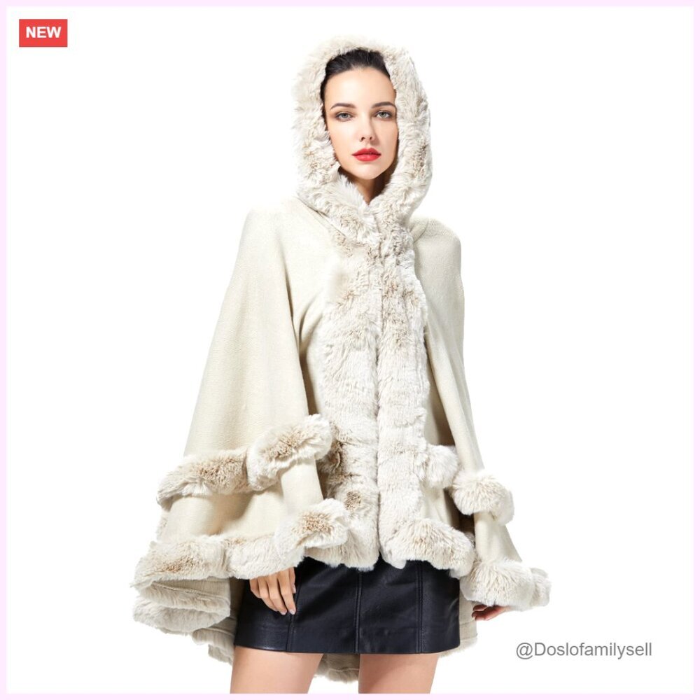 Hooded Poncho Cape Faux Fur Shawl Wrap Sleeveless Cardigan Cloak